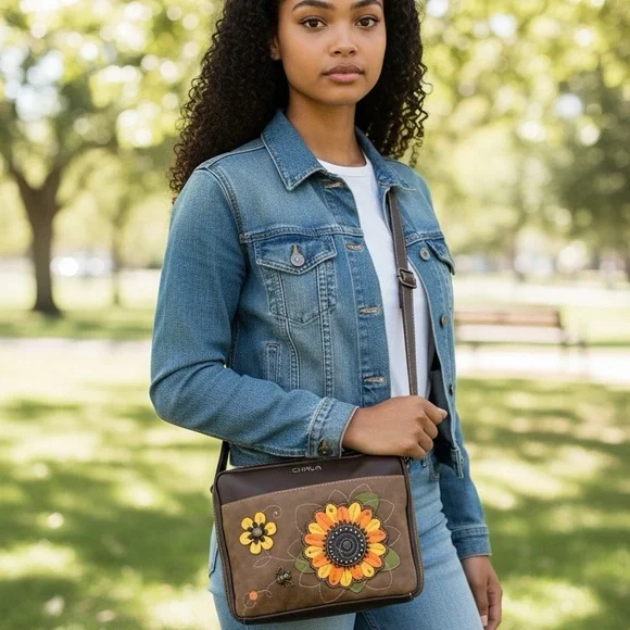 Chala Companion Organizer Brown Sunflower Vegan Leather Crossbody Bag - Picture 6 of 6